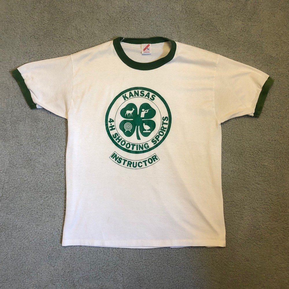 Vintage Jerzees Kansas 4-H Shooting Sports Ringer T-Shirt XL White Rifle‎ Comp